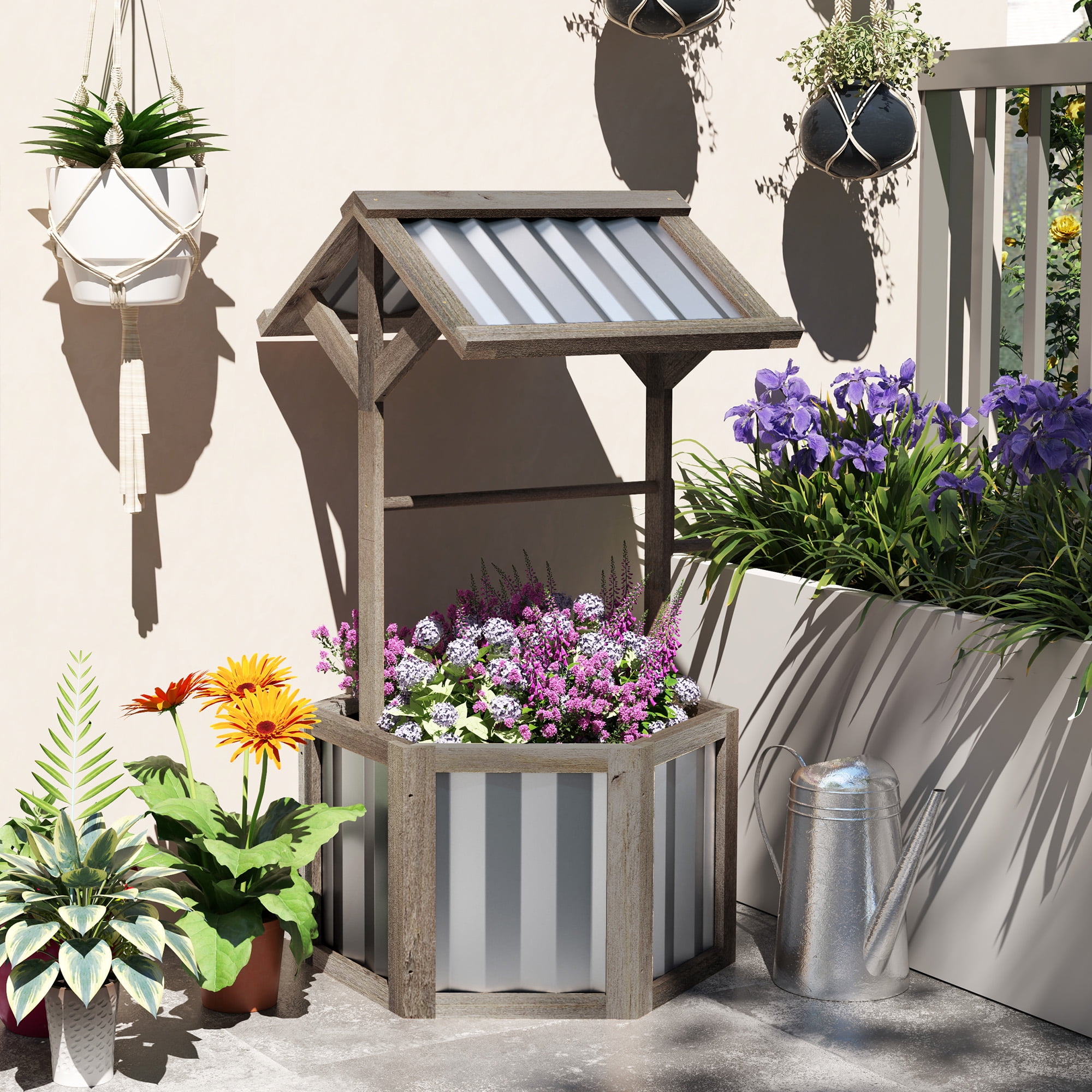 Outsunny Wooden Wishing Well Planter, Hexagon Raised Flower Bed with Galvanized Canopy, Outdoor Garden Box for Flowers and Vegetables, Light Gray