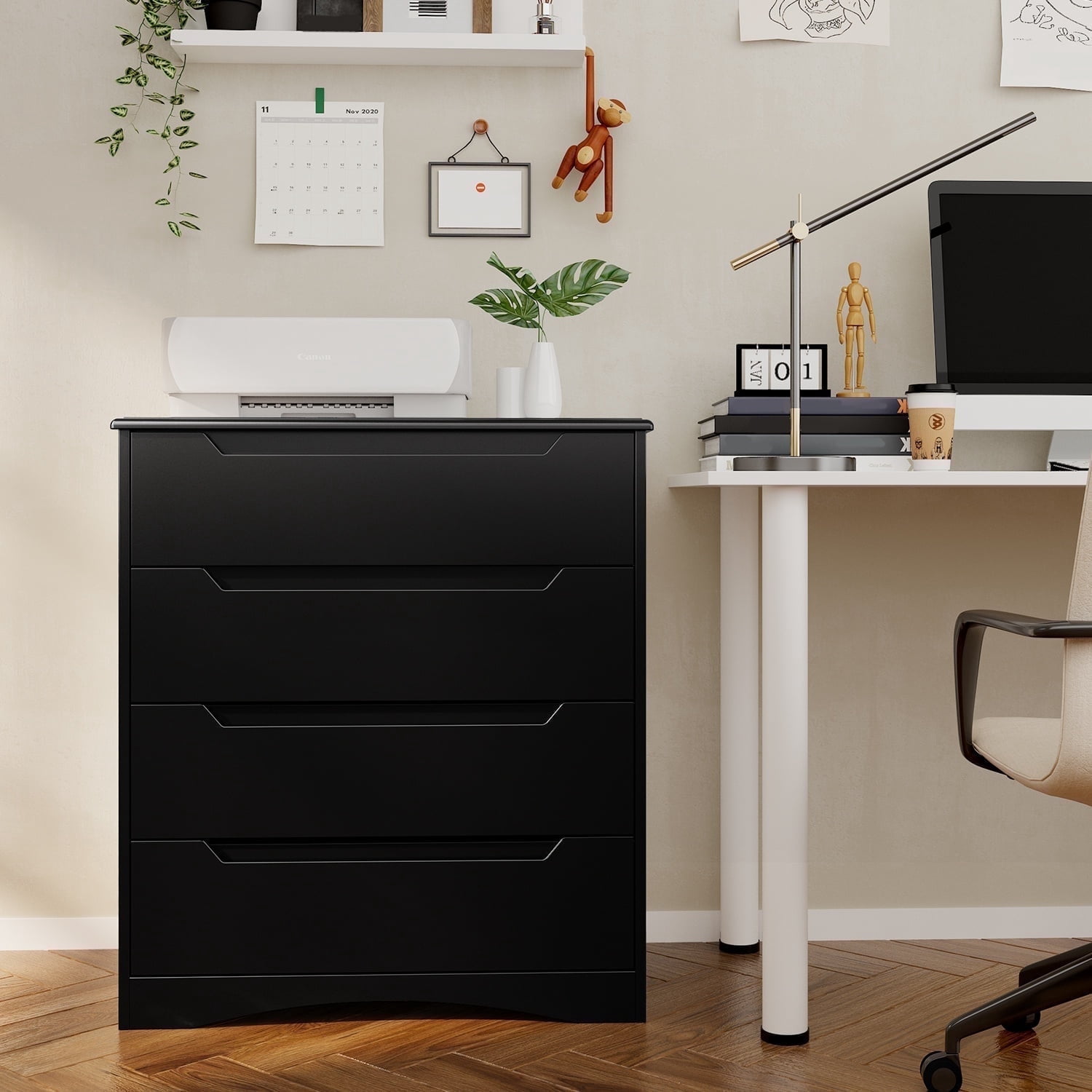 Aiho 4 Drawer Dresser, 32 "H Black Dresser with Cutout Handles for Bedroom