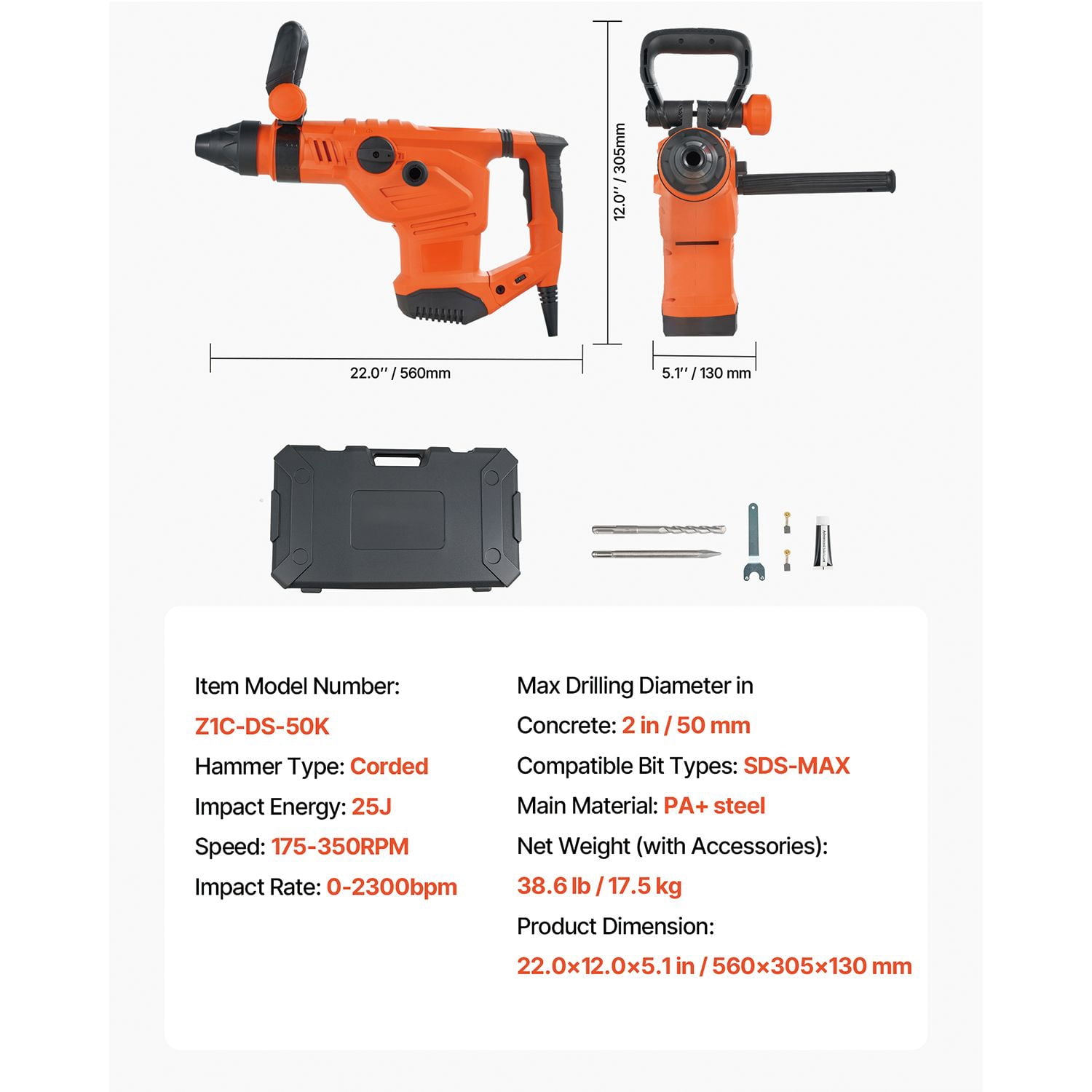 SDS-Max Rotary Hammer Drill, 2-Inch 1600W Heavy-Duty Corded Drill, 3 Functions (175-350 RPM) for Concrete & Masonry