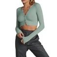 thumbnail image 2 of Douhoow Women Slim Knit Cardigan Solid Color Long Sleeve V-Neck Single Breasted Cropped Knitwear, 2 of 9