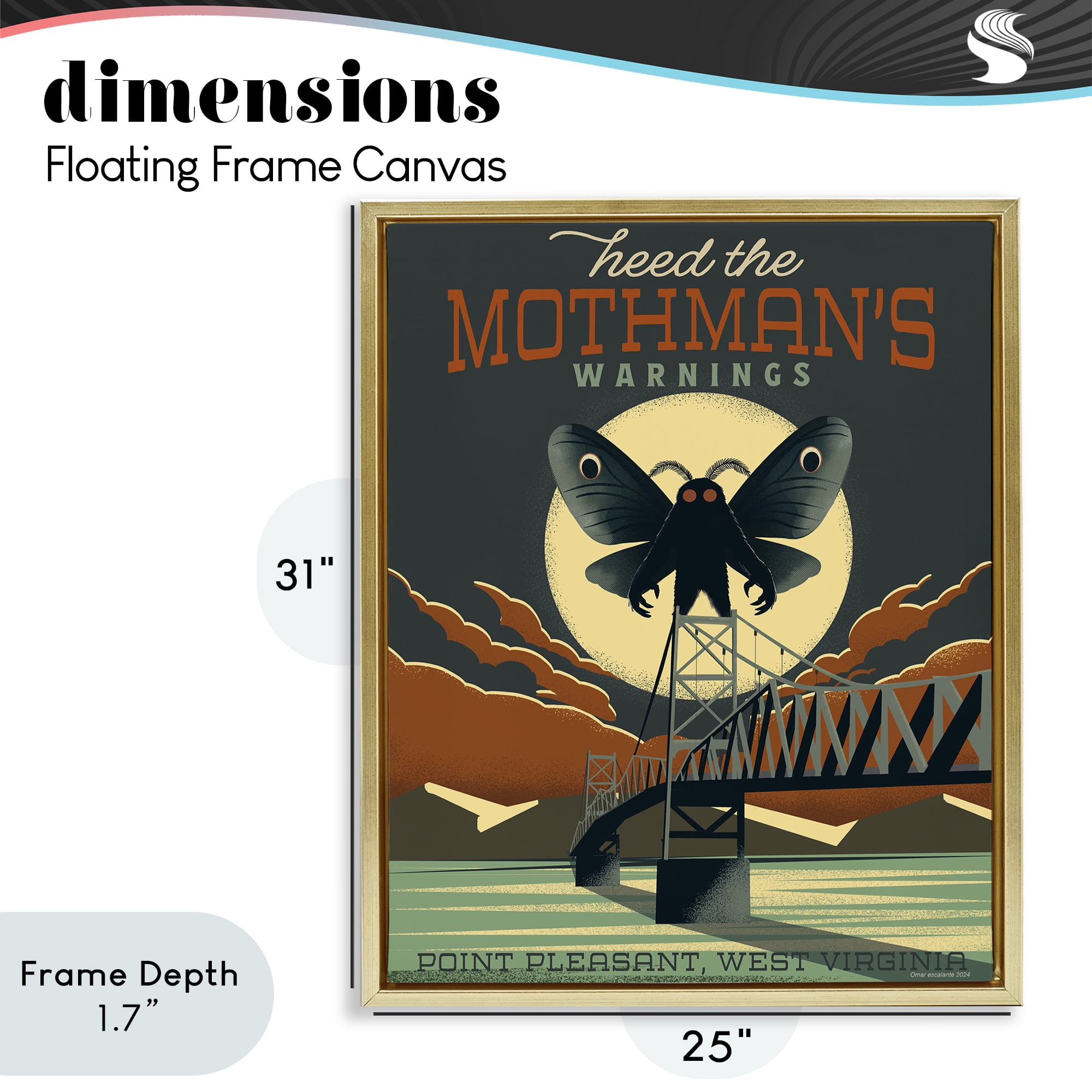 Stupell Industries Cryptid Tourism West Virginia Gold Framed Floater Canvas Wall Art, design by Omar Escalante