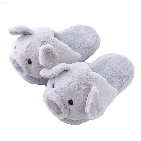 Funny Slippers piggy slippers for women Warm Animal Slippers Furry Pink Pig Slippers(5-8, Grey Pig)