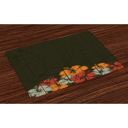 Floral Placemats Set of 4 Abstract Wooden Backdrop With Hawaiian Romantic Flowers Buds Blooms Leaves, Washable Fabric Place Mats for Dining Room Kitchen Table Decor,Amber Red Army Green, by (Best Romantic Places In Hawaii)