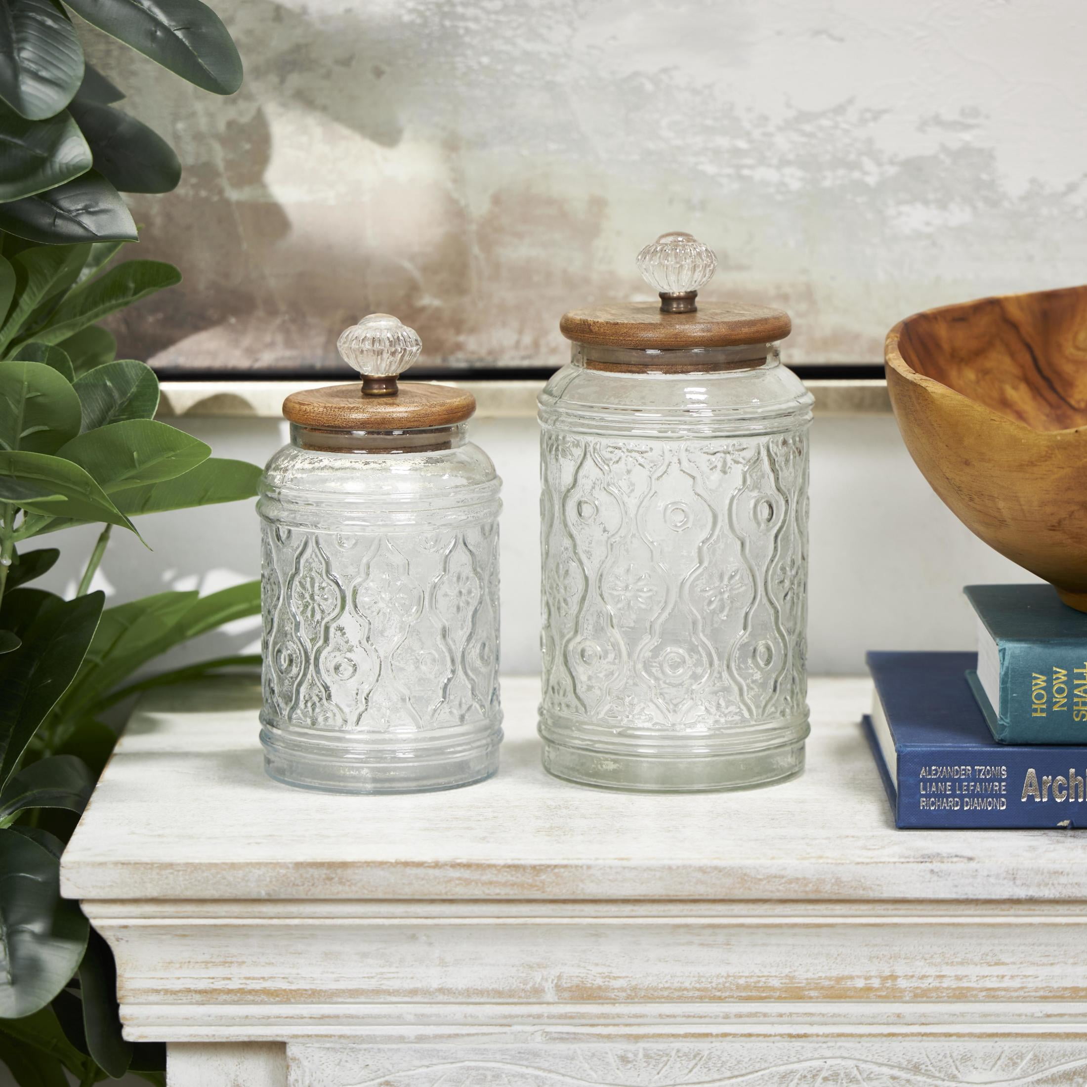 DecMode 9", 8"H Clear Glass Floral Decorative Jars with Brown Wooden Lids and Antique Style Knobs, 2-Pieces