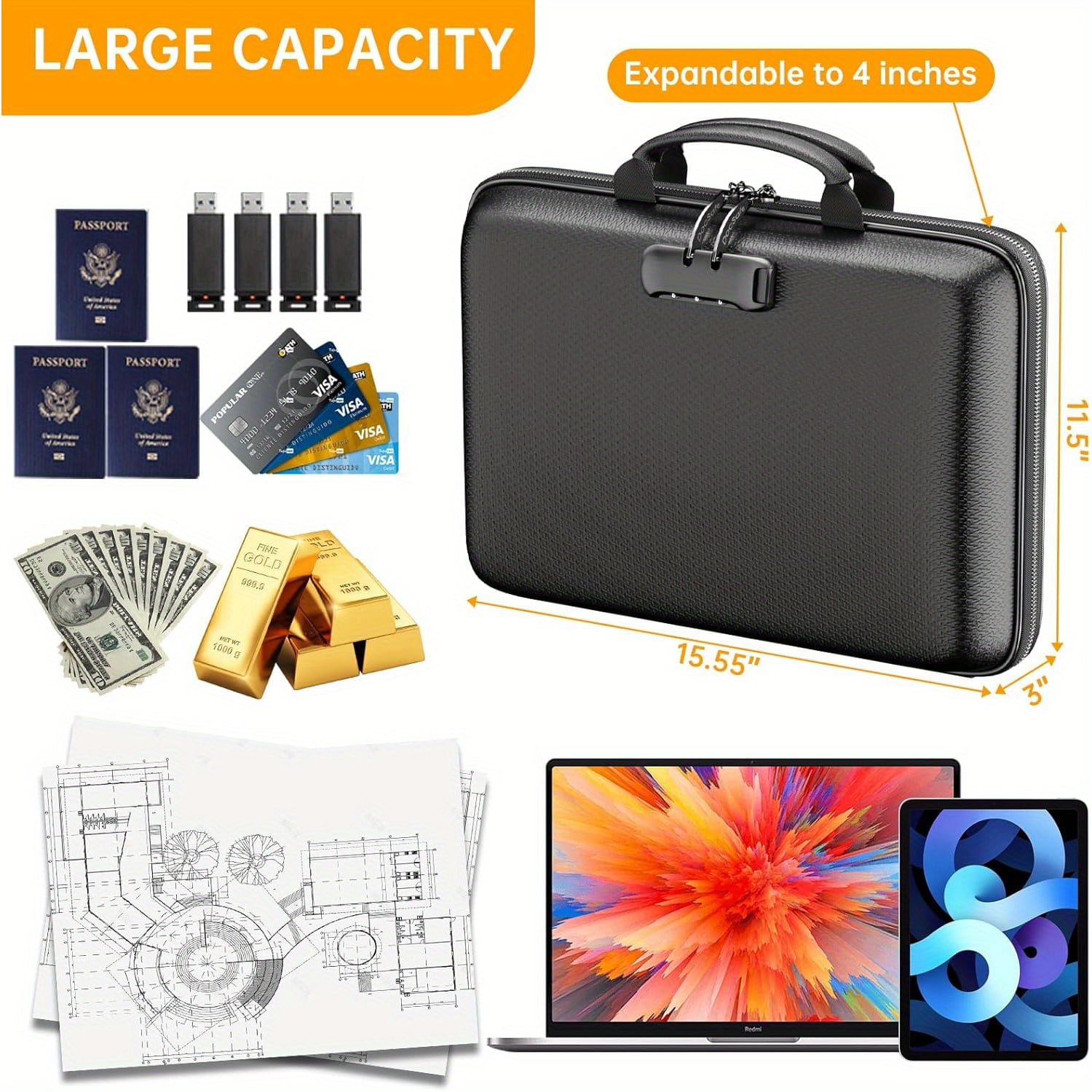 Fireproof Document Organizer with Lock,Hard-Shell Case Fireproof Document Box ,Portable File Organizer,Accordion File Folder for Files Laptop Black