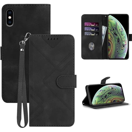 for iPhone X Case Wallet/iPhone Xs Case,Phone Case for iPhone 10,Card Holder Leather Stand Flip Cases,Wrist Strap, Closure,Shockproof Protective Cover for iPhone 10 X/XS (Black)