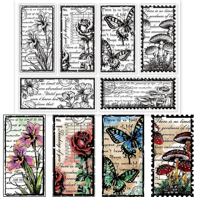 Sellos transparentes de flores vintage para hacer tarjetas, sellos de silicona con forma de mariposa y seta retro