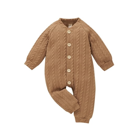 

Qiylii Baby Solid Color Bodysuit Button-down Long Sleeve Round Neck Knit Romper