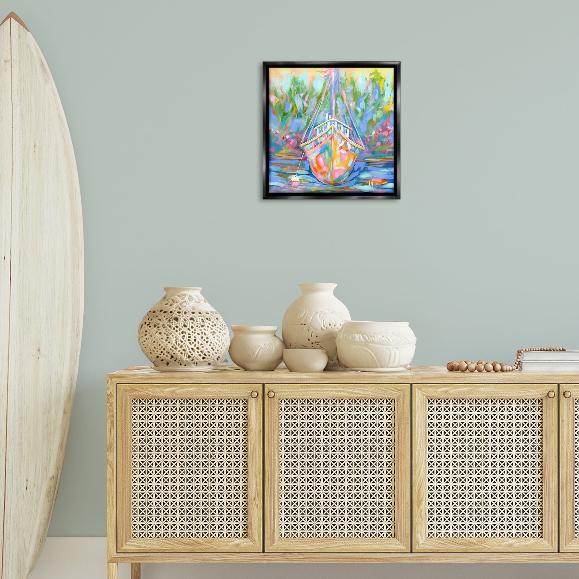 Stupell Industries Boat In Waiting Transportation Painting Black Floater Framed Canvas Art Print Wall Art, 18 x 18
