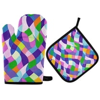 Yayeee Oven Mitts and Pot Holder Set of 4 Heat Resistant Kitchen Gloves Baking Hot Pad, Green Wavy Plaid