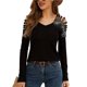 thumbnail image 2 of Camisa Informal de Larga con Escote en V y Hombros Descubiertos para Mujer, con Costuras de Encaje de Color Liso y Diseño de Rombos Negro L, 2 of 9