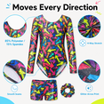 thumbnail image 5 of Girls Gymnastics Leotards Arrow Graffiti Long Sleeve 3-Piece Set with Shorts & Hair Scrunchie, 5 of 8