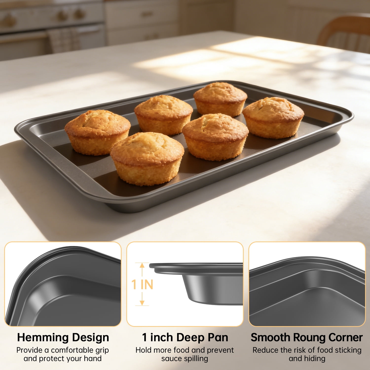 GPED Nonstick Carbon Steel Baking Sheet Set, 3-Piece Stackable Cookie Sheet Bakeware Set, 19/17/15 Inch, Carbon Steel BPA Free Cooking and Baking Trays for Cakes and Cookies, Oven Safe (450°F), Gray