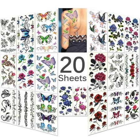 Lady Up Mixed Style Body Art Temporary Tattoos Paper, Flowers, Roses, Butterflies 20 (Best Temporary Tattoo Paper)
