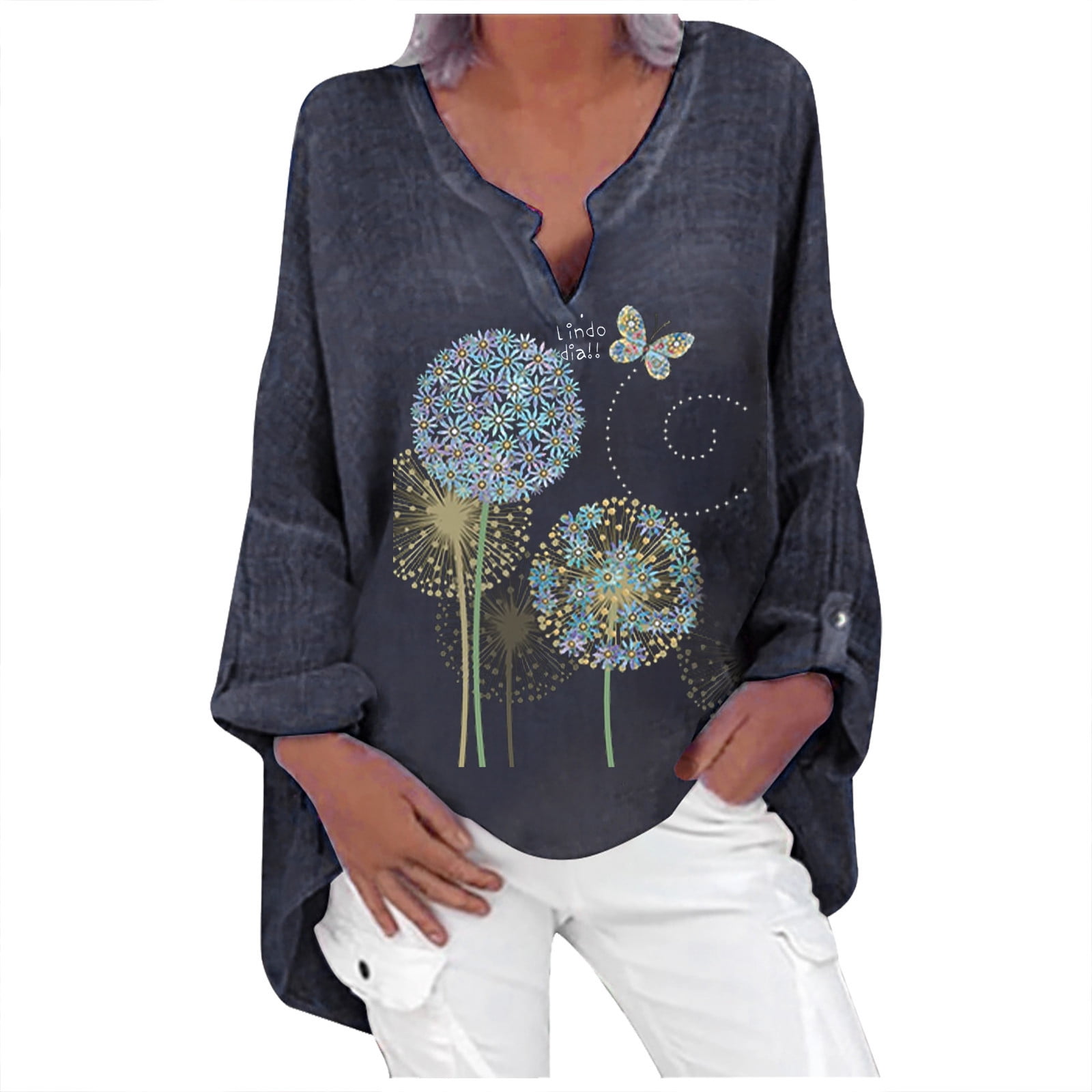 Plus Size Womens V Neck Long Sleeve Floral Loose Tops Casual Tee Shirt Blouse 