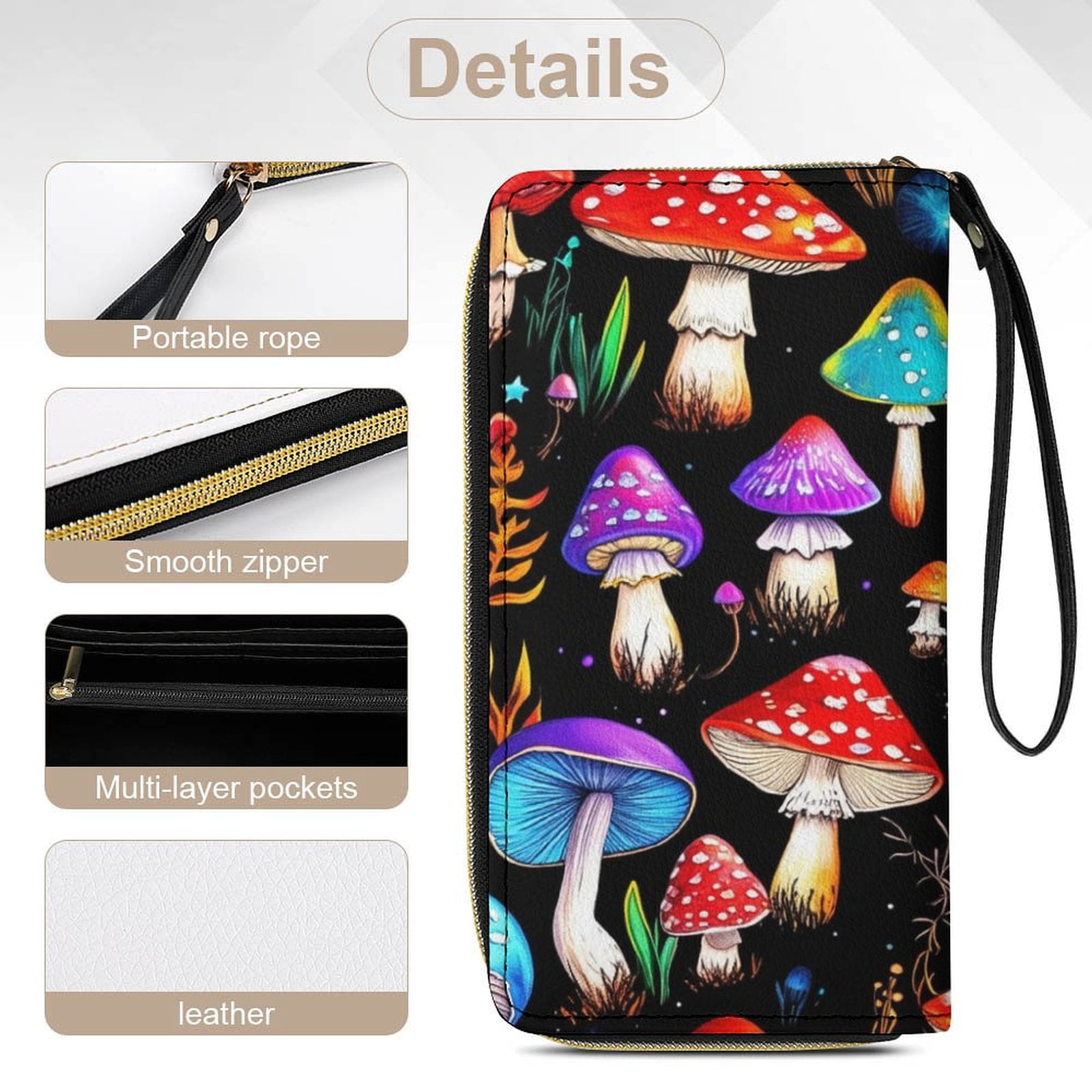 Womens Wallet Bifold Ladies Cluth Bag Wristlet Wrist Strap Long Purse Fantasy Mushroom Design