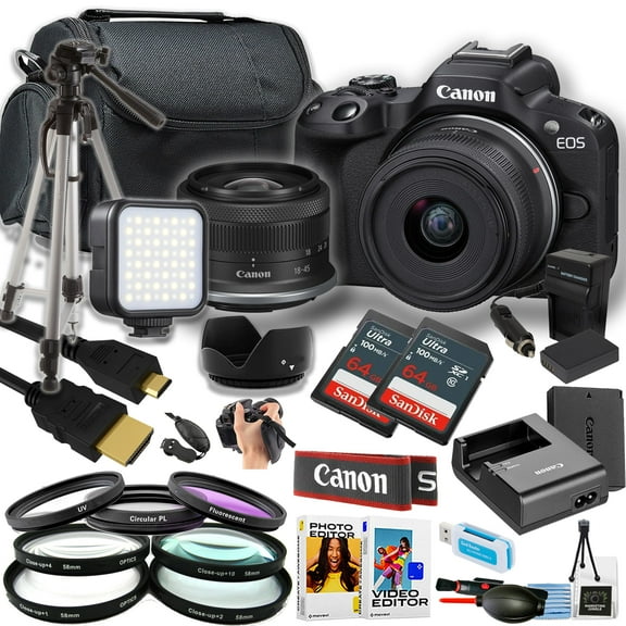 Canon EOS R50 Mirrorless Camera w/18-45mm Lens   2pc SanDisk 64GB Ultra Memory Card   Tripod   Camera Case   More (21pc Bundle)