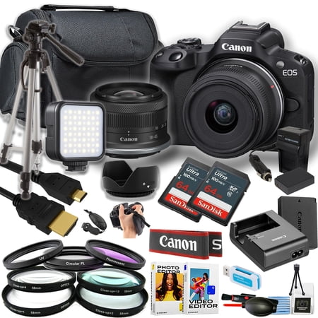 Canon EOS R50 Mirrorless Camera w/18-45mm Lens + 2pc SanDisk 64GB Ultra Memory Card + Tripod + Camera Case + More (21pc Bundle)