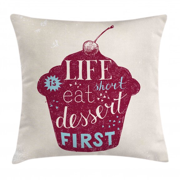 Eat Dessert First Throw Pillow Cushion Cover, Retro Inspired Sketchy Cupcake with Cherry Top, Decorative Square Accent Pillow Case, 20" X 20", Pale Eggshell Raspberry and Pale Blue, by Ambesonne