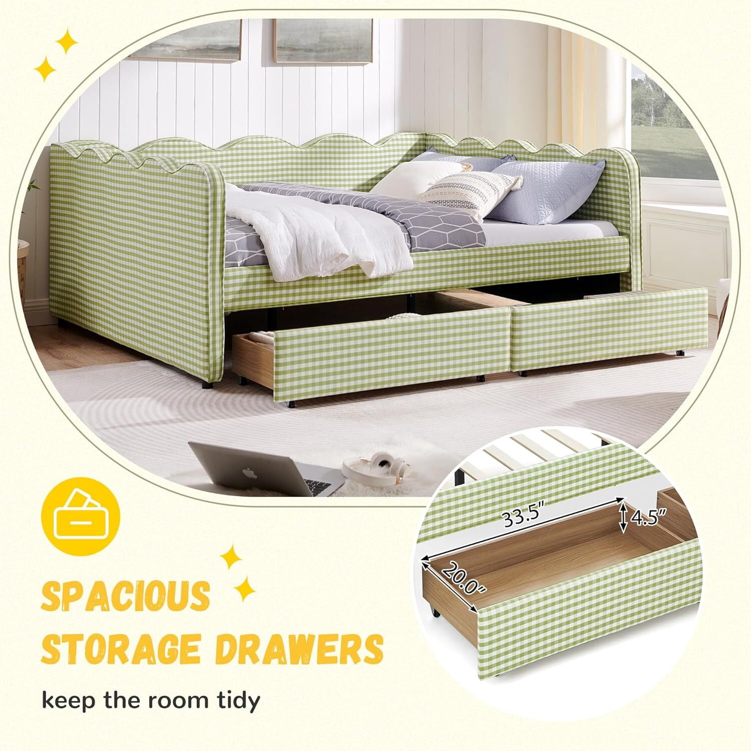 avobird Cozy Gingham Daybed with 2 Storage Drawers Queen Size Sofa Bed for Living Room, Sleeper Sofa with USB Port and Adorable Wave Shaped, Linen Fabric, Green