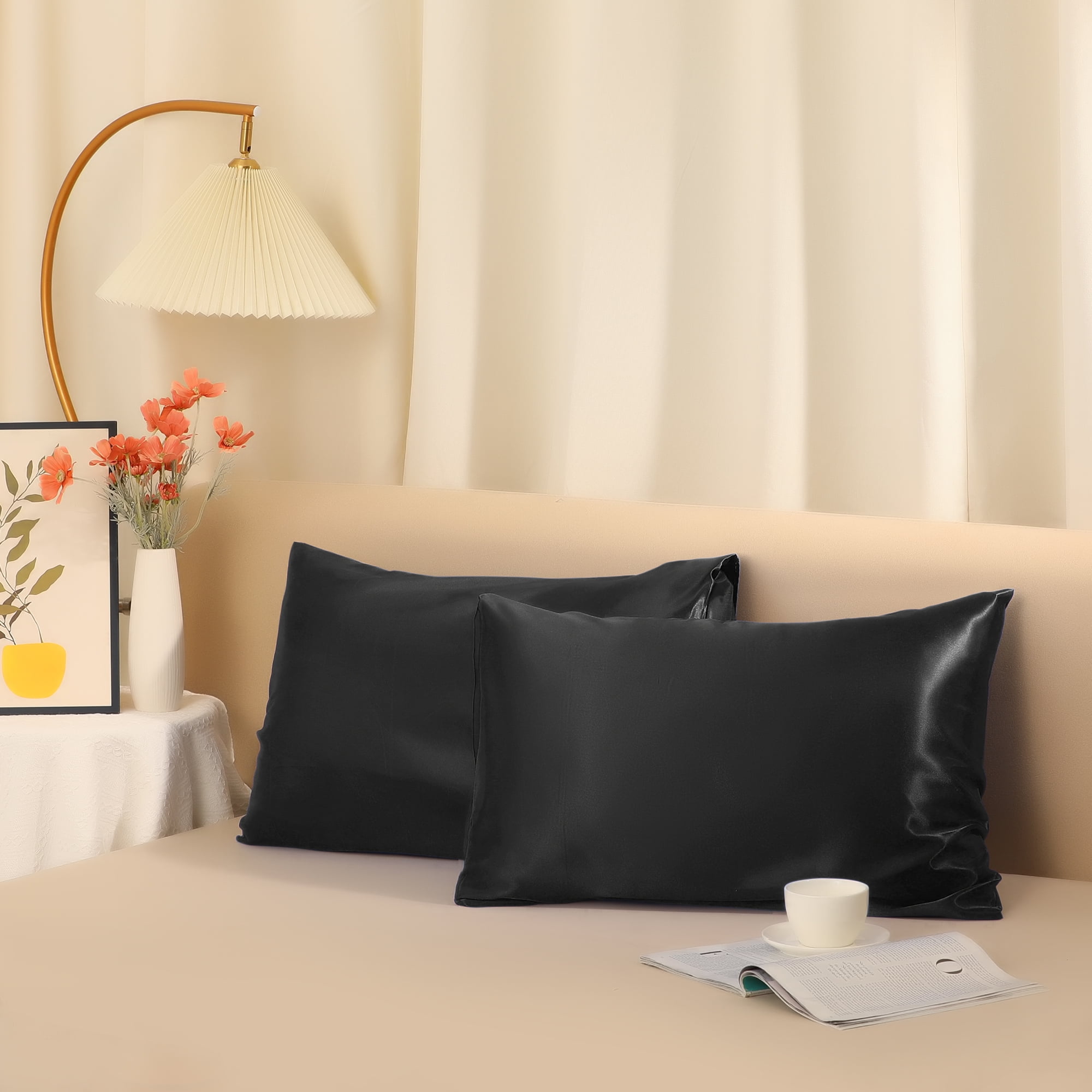 Unique Bargains Soft and Durable Envelope Closure Satin Pillowcase (2 Count) Black Standard