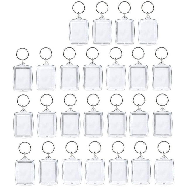 25 Pieces Acrylic Keyring Picture Frame Key Chain Transparent Photo with Keychain for DIY Gift. This set of 25 clear acrylic photo frame keychains measures approximately 4 x 5.5 cm outside and 3.2 x 4.6 cm inside, suitable for photos less than 3.2 cm in length and 4.6 cm in width. UV-resistant and durable, these keychains are ideal for holding photos, phone numbers, or messages. Perfect as a travel accessory, they are widely used for company promotions, school photos, or thoughtful gifts.