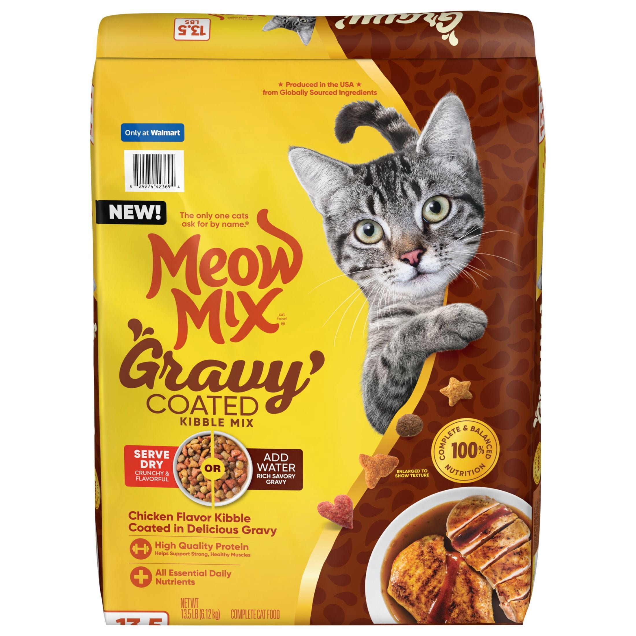 Meow Mix Gravy Coated Kibble Mix, Chicken Flavor Dry Cat Food, 13.5 Lb. Bag