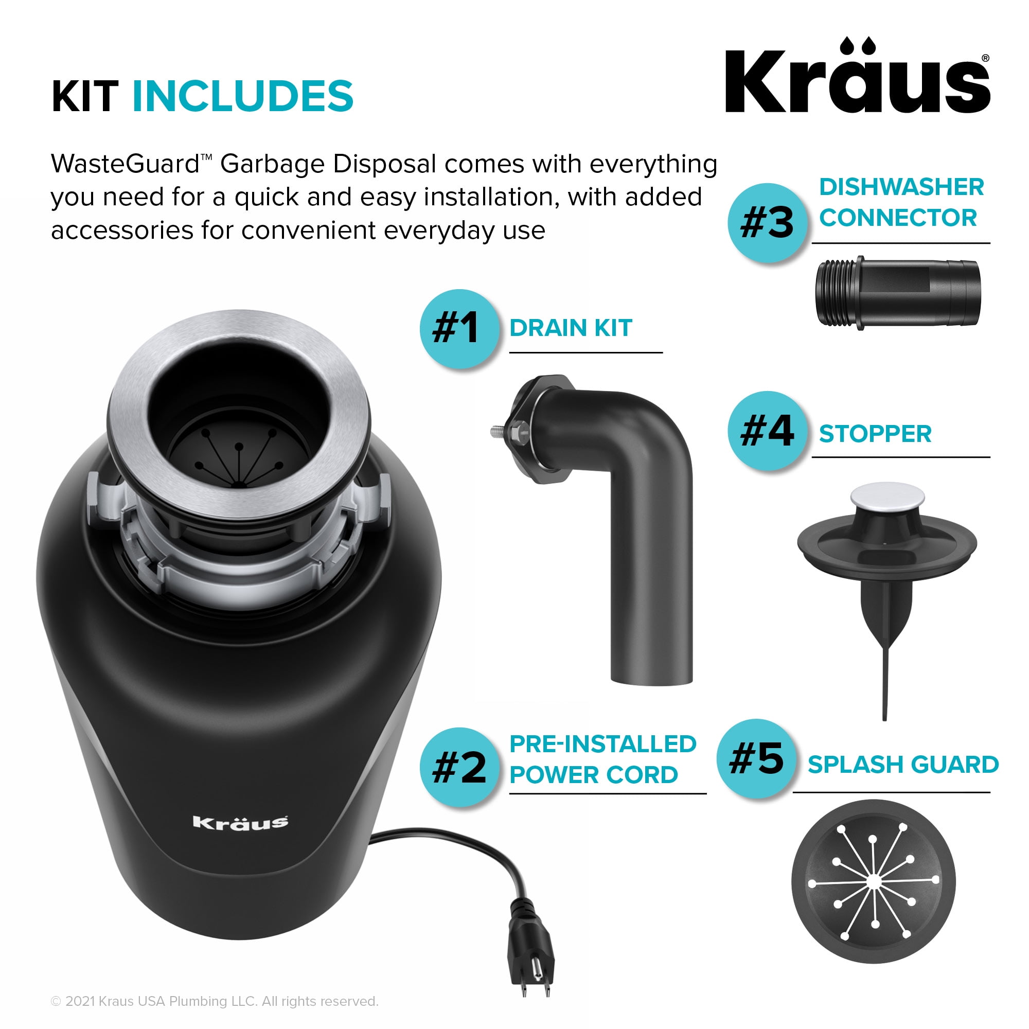 KRAUS WasteGuard Continuous Feed Garbage Disposal with 3/4 HP Ultra-Quiet Motor for Kitchen Sinks with Power Cord and Flange Included