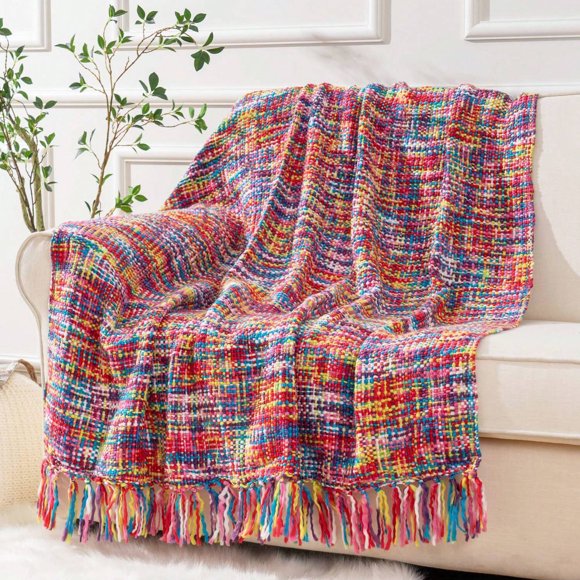 BATTILO HOME Couverture Jetée Colorée, Couverture Jetée Texturée avec Pompon, Couvertures Jetées Bohèmes Multicolores pour Canapé Lit Extérieur Couverture d'Automne