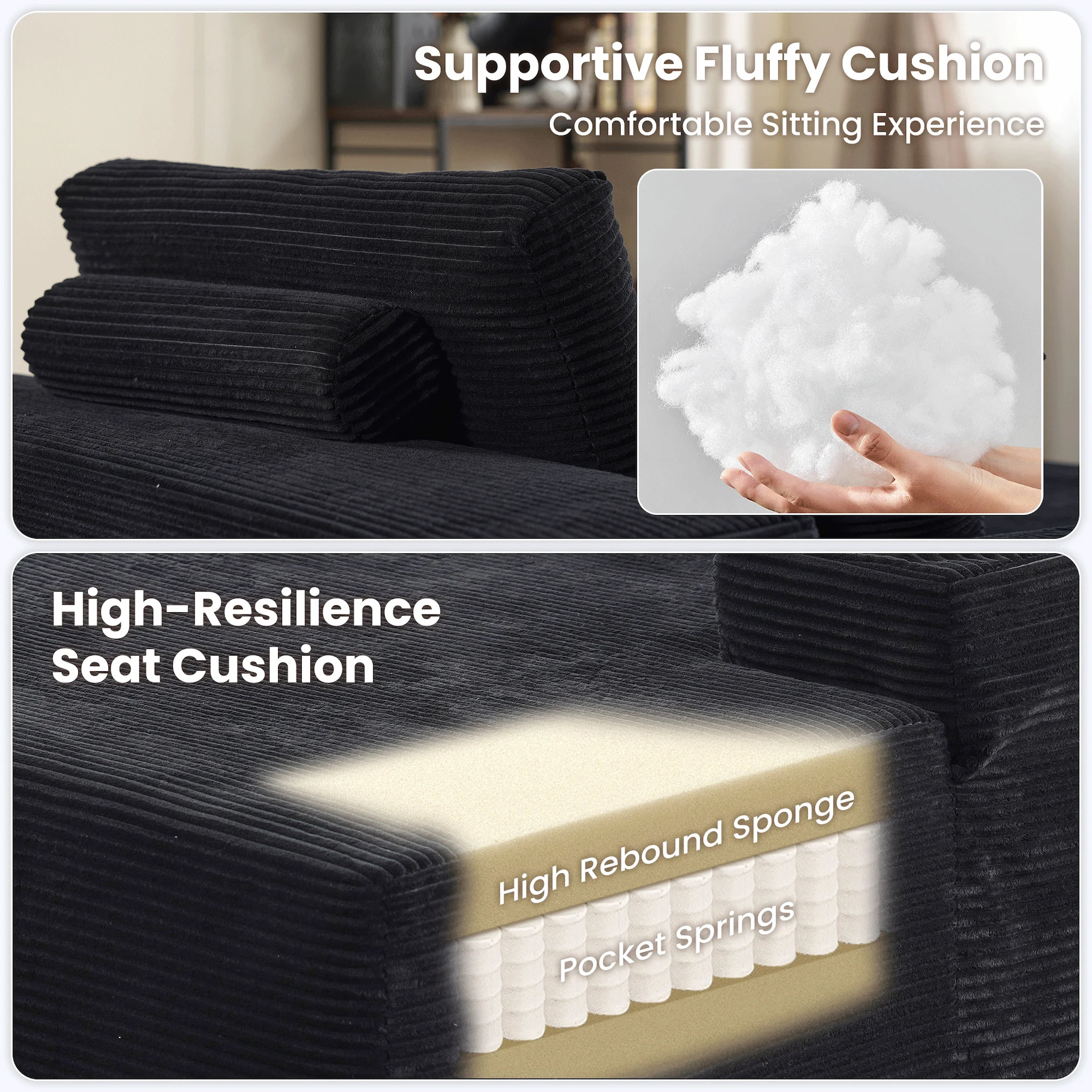 Vcatnet 67"x48" Chaise Lounge Chair Indoor Oversized Lounge Couch Upholstered Corduroy Sofa Bed for Living Room and Bedroom, Black