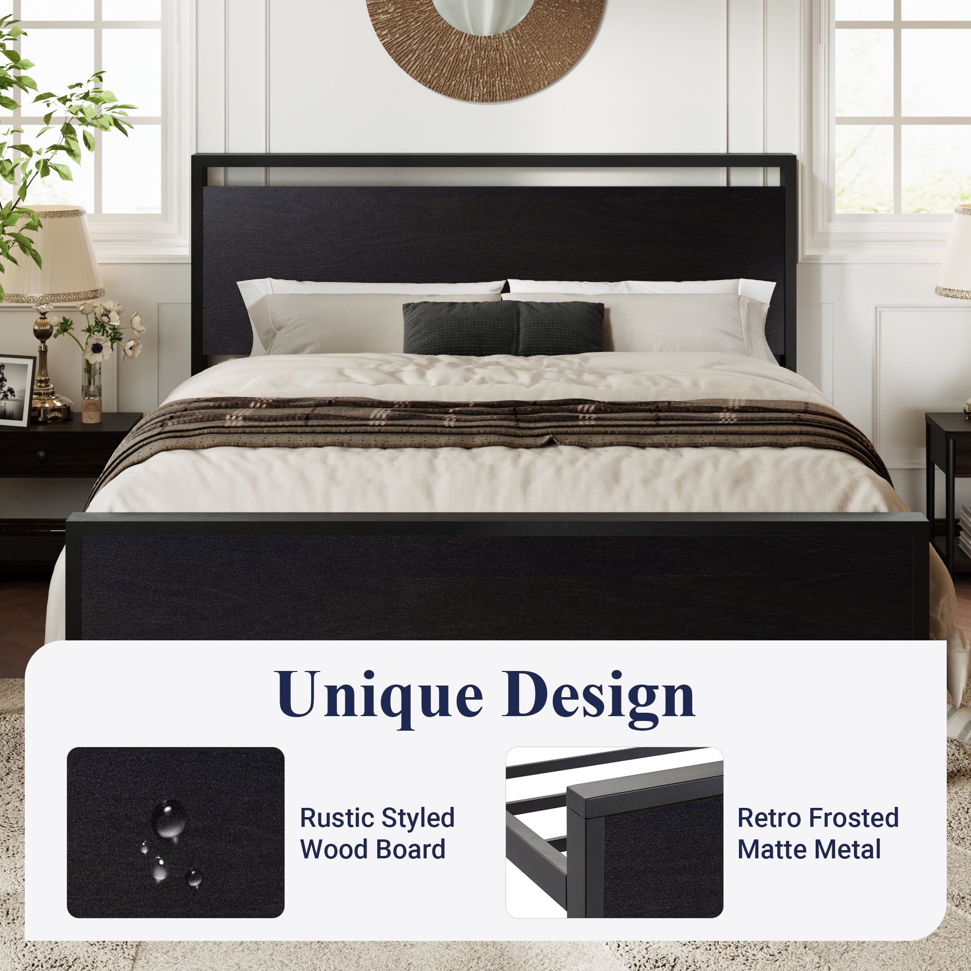 Allewie Queen Size Bed Frame, Heavy Duty Metal Platform Bed with Wooden Headboard & Footboard, No Box Spring Needed, Black Oak