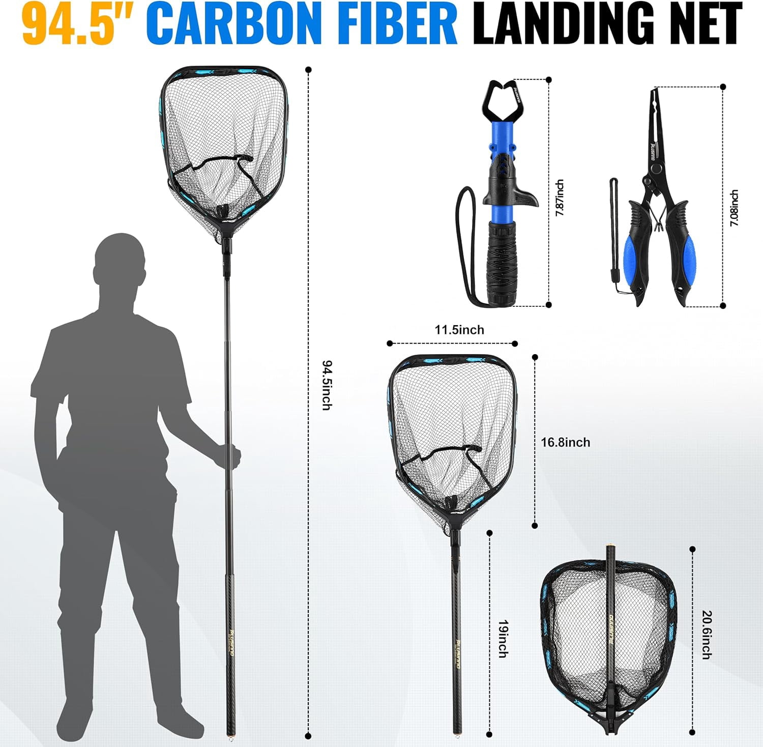 Floating Fishing Net with Telescoping Handle, Carbon Fiber Ultralight Long Fish Net, Collapsible Landing Net 6.56/7.86Ft, Fishing Gear Kayak Accessories for Bass Trout Salmon