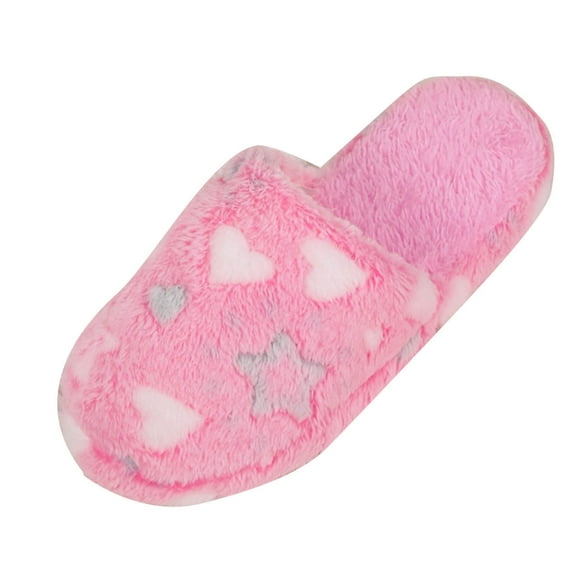 Xfvqtps Women Fluffy Slippers Love and Star Embroidery Versatile Indoor Home Funny Winter Non-Slip Plush Slippers Pink