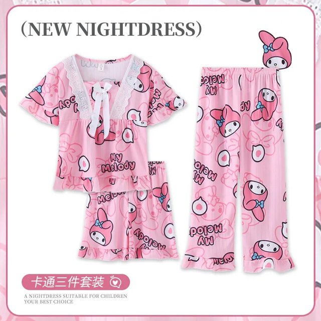 Conjunto de pijamas de 3 piezas para niñas, ropa de dormir de manga corta con dibujos animados, de algodón, de 4 a 14 años