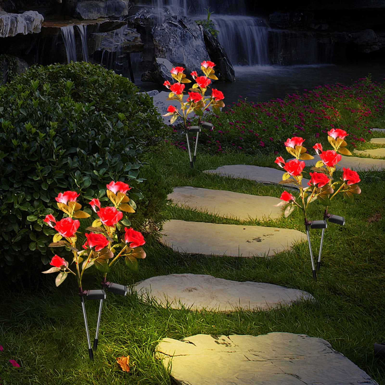 Uiz Merueh Solar Garden Lights, Solar Outdoor Lights with More Realistic 10 Rose Waterproof Solar Powered Flowers for Outside Patio Yard Pathway Decorations, 2 Pack