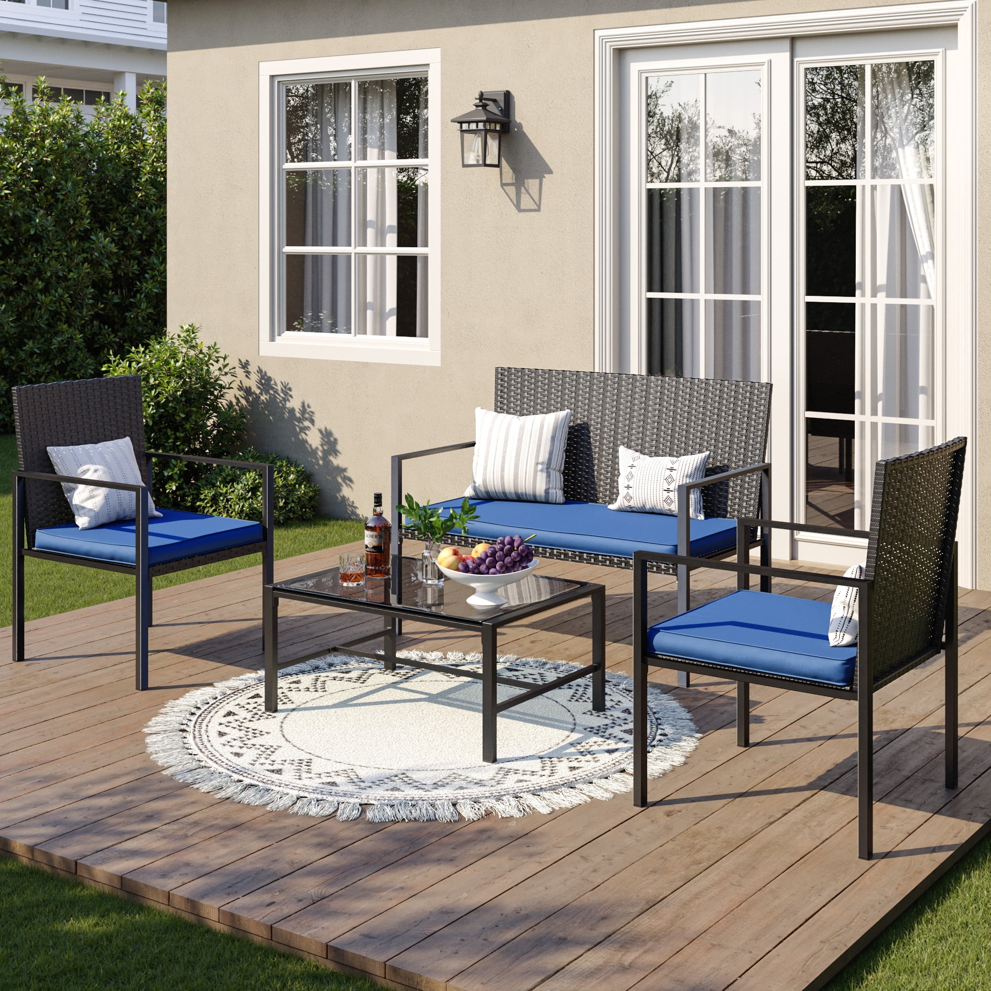 ELPOSUN Patio Furniture Sets for 4, 4 Pieces Patio Comversation Set with Glass Coffee Table,for Backyard Balcony Lawn Pool,Black/BLUE