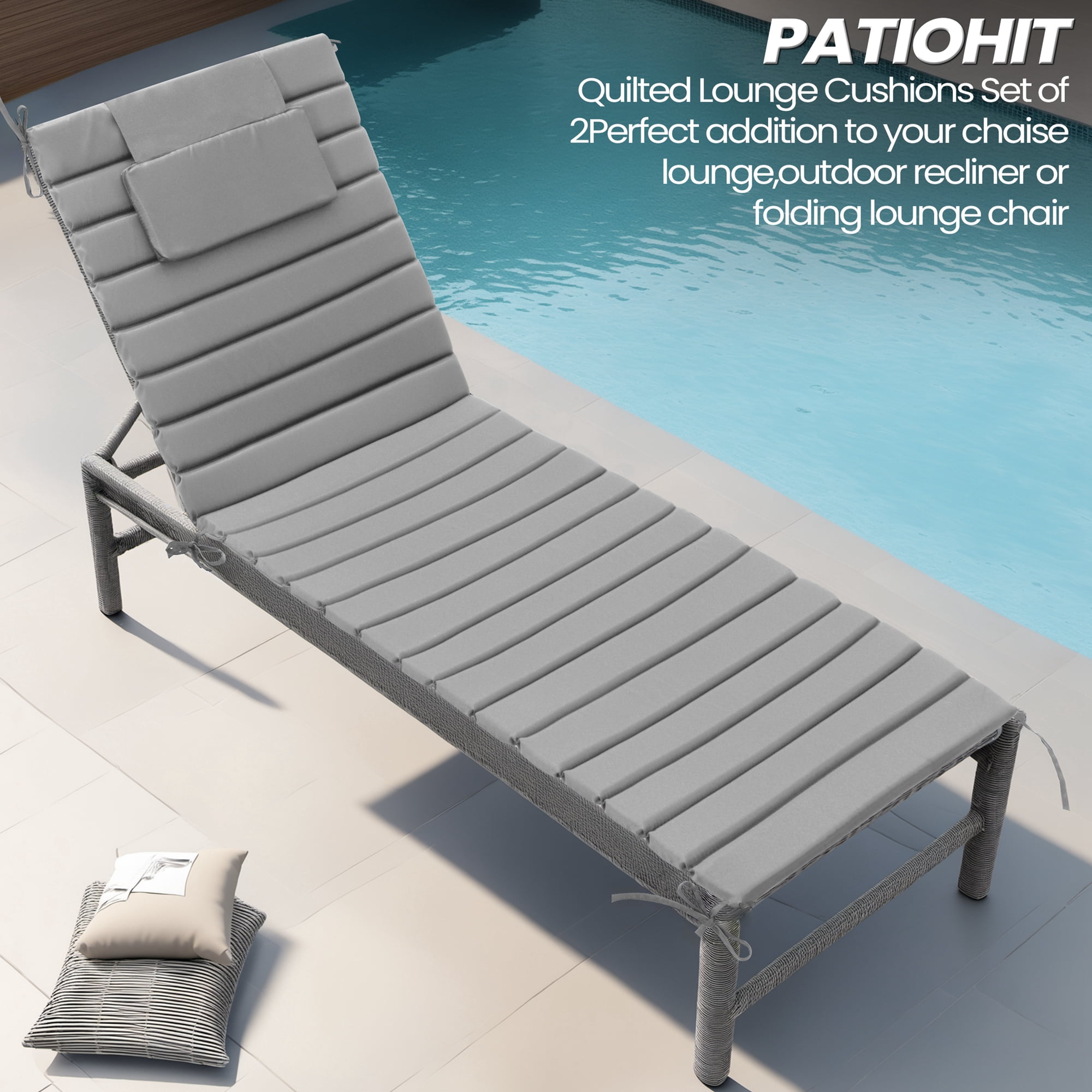 Pellebant Outdoor Set of 2 Chaise Lounge Cushions with Headrest for Patio Furniture,80"L x 26"W x 1"T Light Gray