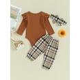thumbnail image 5 of Musuos Baby Girls Fall Outfits 3 6 9 12 18M Solid Color Buttons Long Sleeve Rompers Plaid Long Pants Headband 3Pcs Clothes Set, 5 of 10