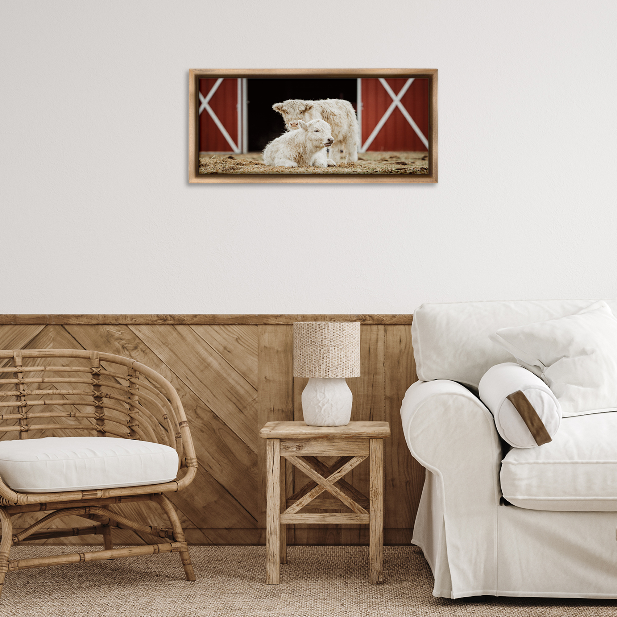 Stupell Industries White Cattle Barn Animals & Insects Photography Brown Floater Framed Canvas Art Print Wall Art, 25 x 11