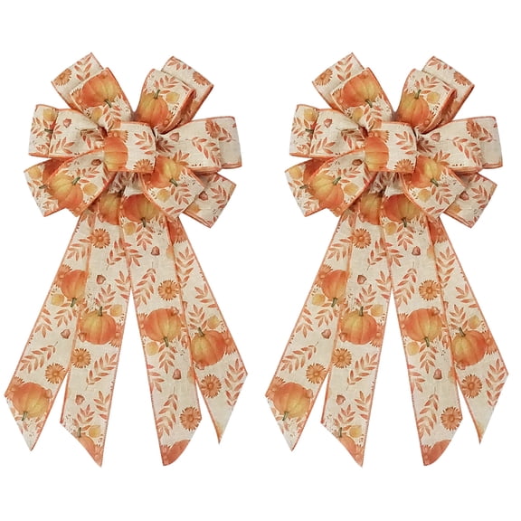 Hying 2PCS Large Fall Bows for Wreath, Thanksgiving Pumpkin Wreath With Autumn Leaves