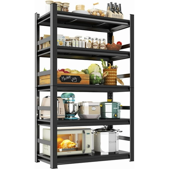 5-Tier Kitchen Shelf Organizer, Metal Shelves for Storage, Load 2000 LBS, Heavy Duty Shelf Unit with Fences, Adjustable Shelf for Pantry, Kitchen and Garage,32" W*15.7" D*63" H,Black