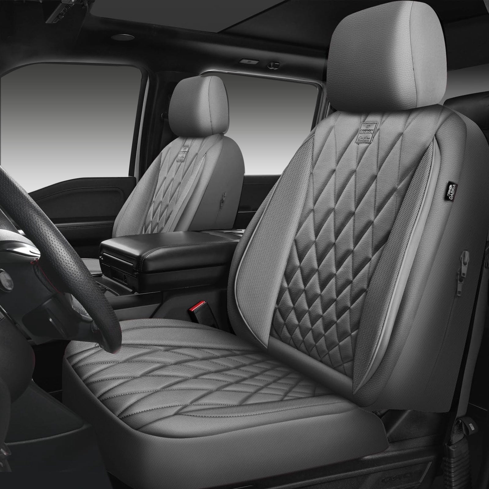 CAR GRAND Piping Luxury Faux PU leather Full Set Car Seat Covers Water Proof Armrest Airbag Compatible Universal Fit SUV VAN Truck All gray