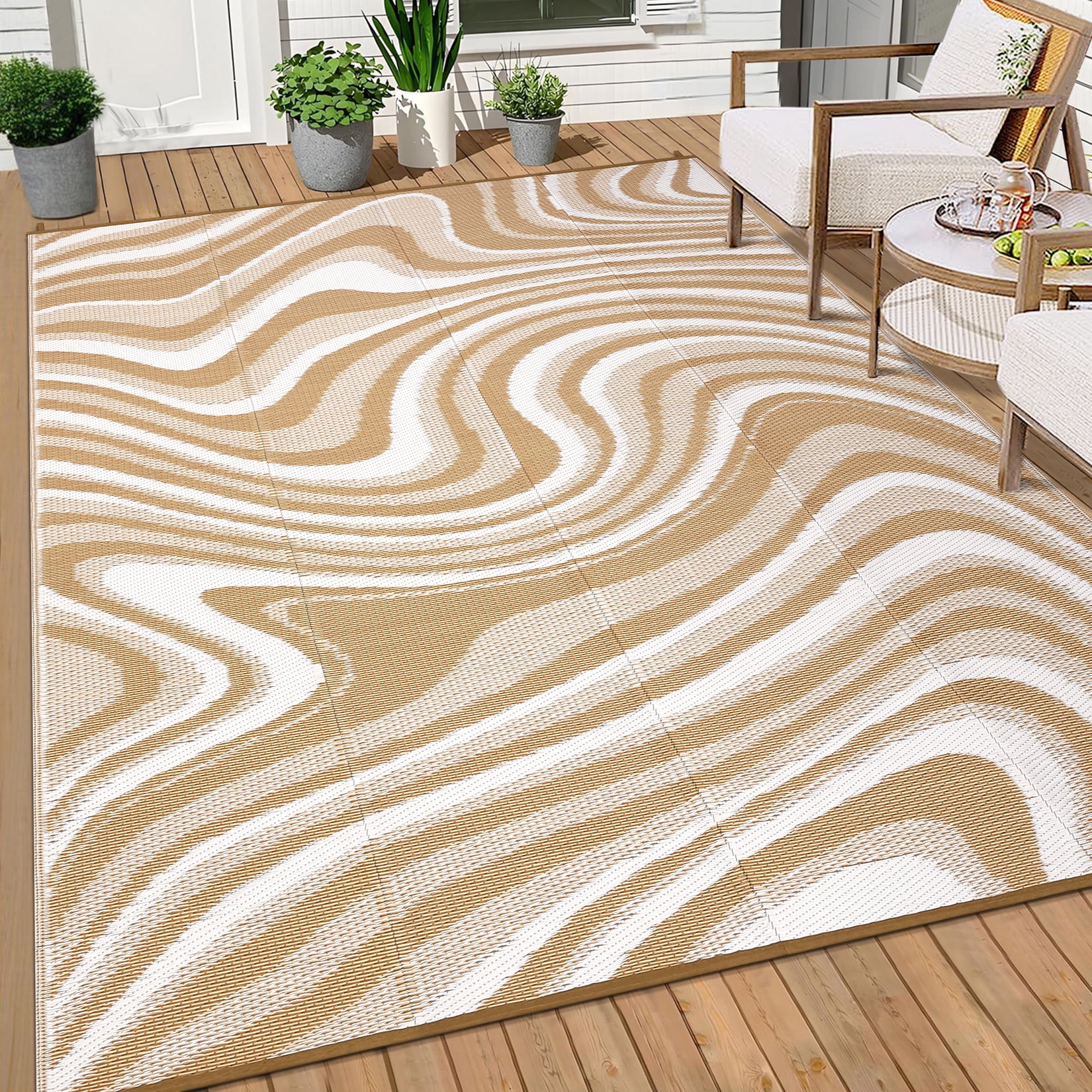 Garvee Outdoor Rug 10'x14' Abstract Plastic Area Rug Waterproof Reversible Outdoor Carpet, Plastic Straw Rug for Patio RV Camping Balcony Deck Backyard, Coffee