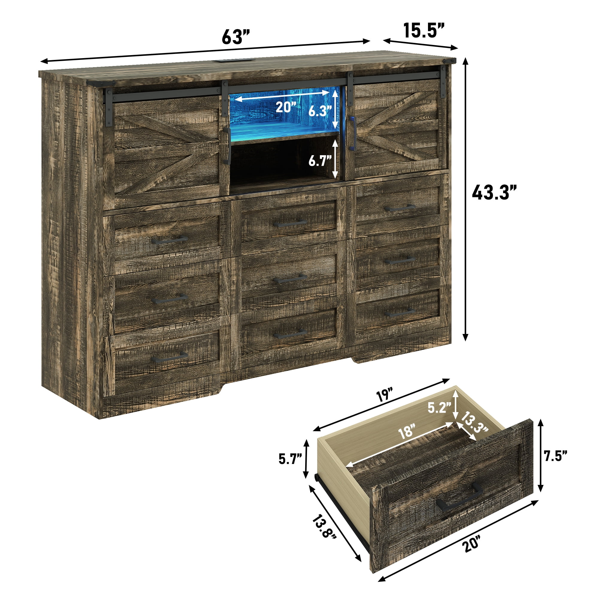 ChVans 63'' Farmhouse Dresser with LED Light & Power Outlet, 9 Drawers, 2 Sliding Doors, 2 Storage layers, Rustic Dresser TV Stand for 70in TV, Wood Storage Cabinet for Bedroom, Living Room, Hallway