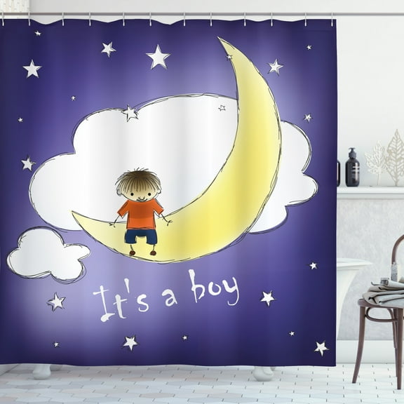 Ambesonne Moon Shower Curtain, Boy Sky Greeting, 69"Wx75"L, Indigo Yellow White