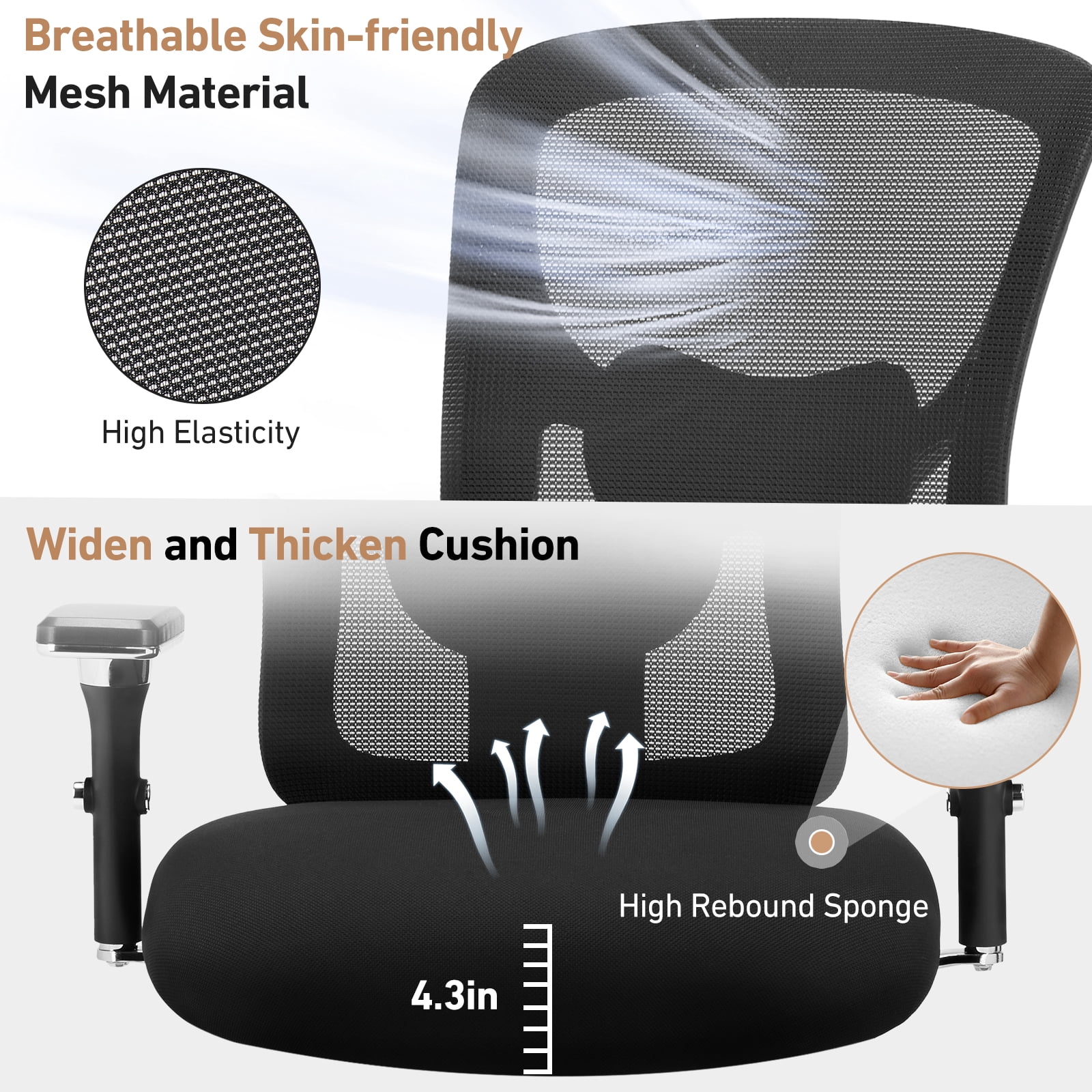 ZUNMOS Ergonomic Office Desk Chair 500lbs, Black Heavy Duty Computer Mesh Chair with Adjustable Armrest, Lumbar Support