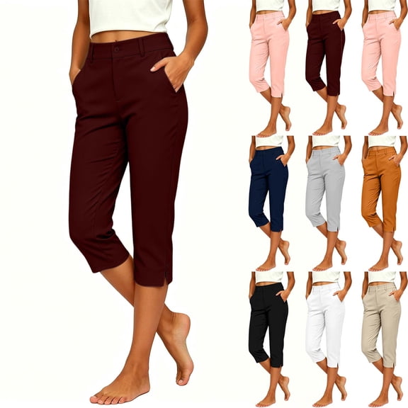 Fashion Yoga Pants for Women Stretch Pants Mid Straight Leg Cropped Trousers With Pockets Split Hem Casual Work Dress Pants M