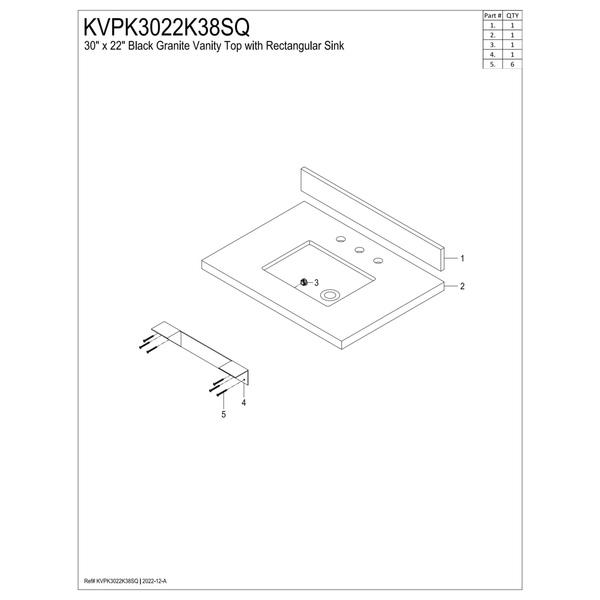 Kingston Brass KVPK3022K38SQ Templeton 30-Inch Black Granite Vanity Top (8" Faucet Drillings) in Black/White