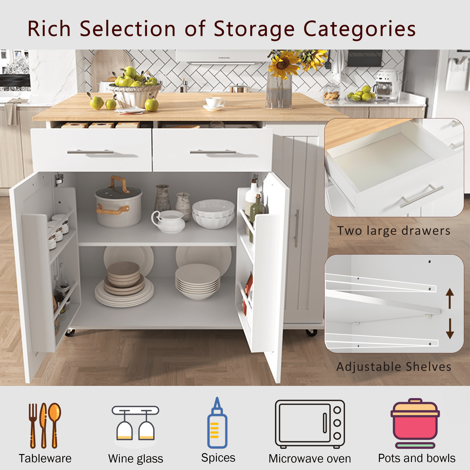 Yoneston Rolling Kitchen Storage Cart with Drop Leaf and Towel Rack, Kitchen Island with 3 Tier Pull Out Cabinet Organizer and 2 Drawers 2 Doors for Kitchen, Dining Room, Black