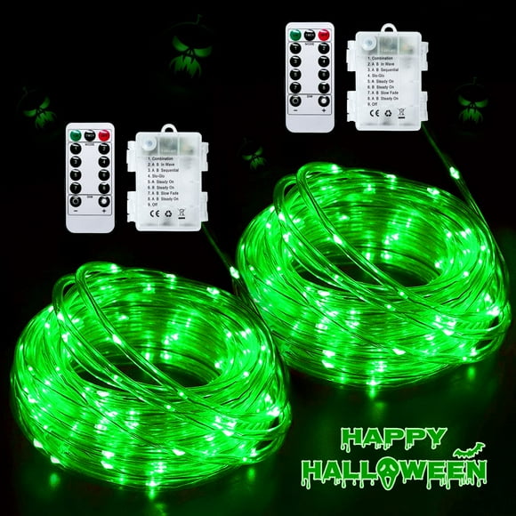 Luces tipo cuerda JMEXSUSS, funcionan con pilas, 10 m, 100 LED, color verde, paquete de 2